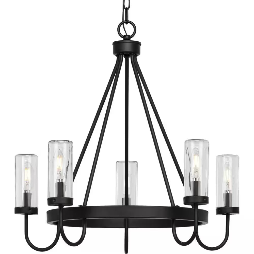 Swansea Collection 4-Light 24 In. Matte Black round Transitional Outdoor Chandelier with Clear Glass Shades