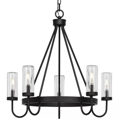 Swansea Collection 4-Light 24 In. Matte Black round Transitional Outdoor Chandelier with Clear Glass Shades