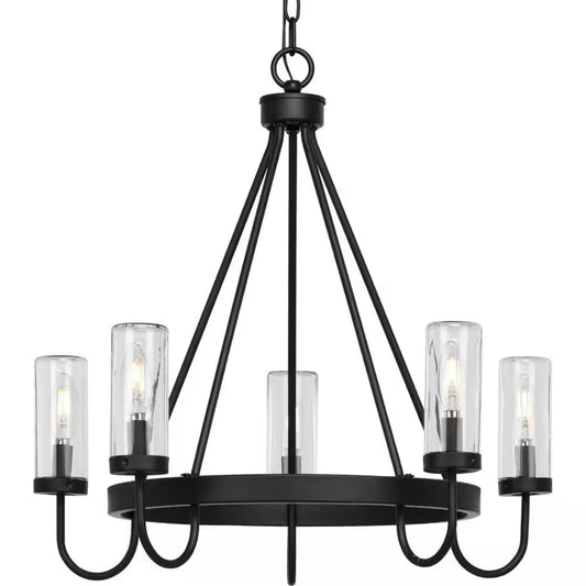 Swansea Collection 4-Light 24 In. Matte Black round Transitional Outdoor Chandelier with Clear Glass Shades