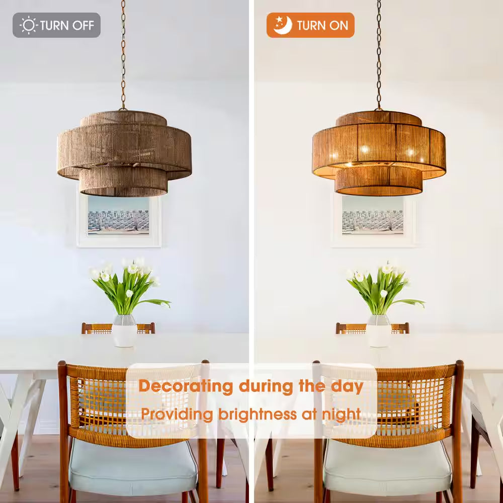 Farmhouse 6-Light Gold 2-Tiered Chandelier with Woven Rope Shade for Living Room Bedroom Dining Room