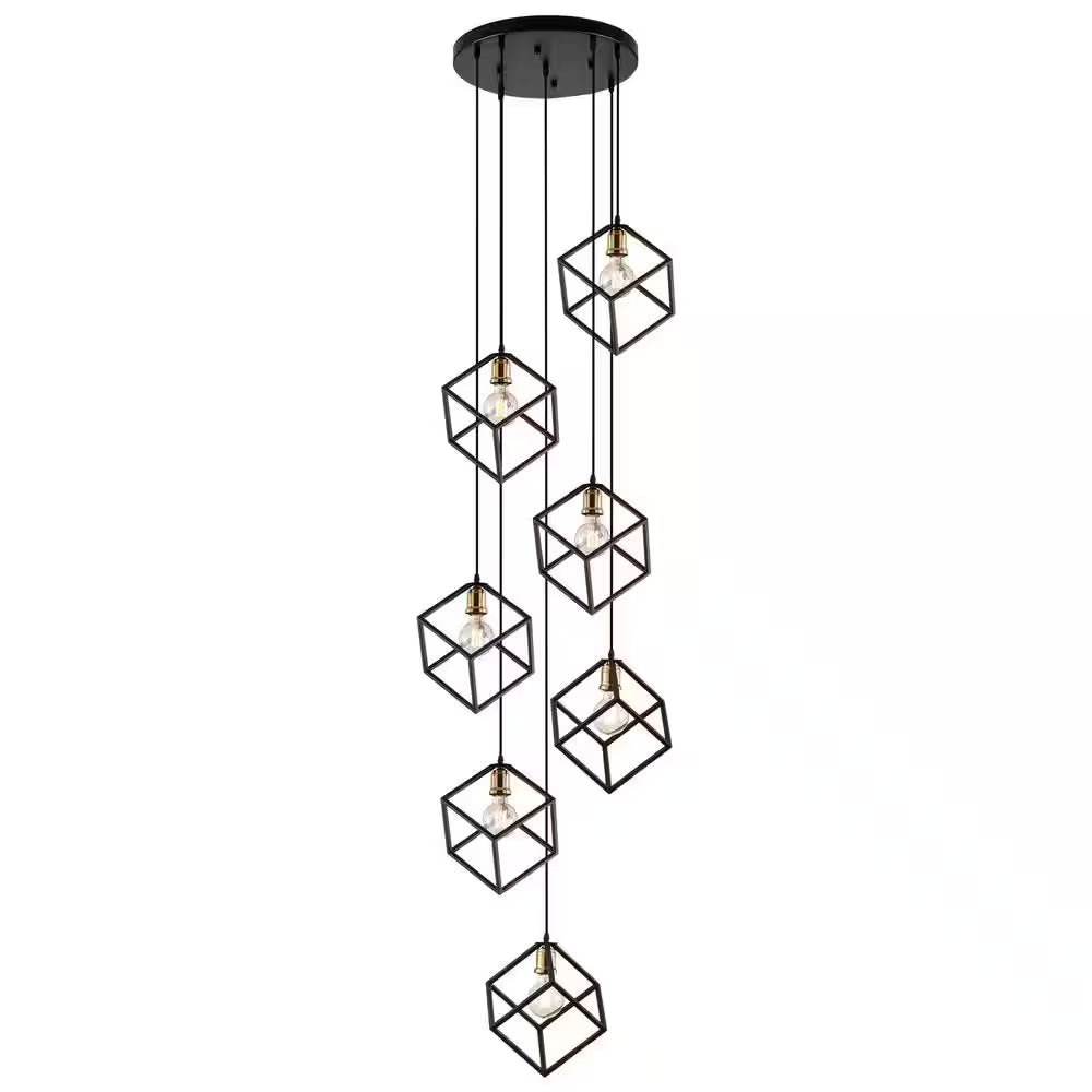 Rekha 7 Light Stairway Chandelier Black Geometric Cluster Pendant, Adjustable Cube Height, Staircase Minimalist Lamp