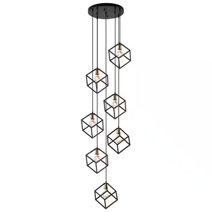 Rekha 7 Light Stairway Chandelier Black Geometric Cluster Pendant, Adjustable Cube Height, Staircase Minimalist Lamp