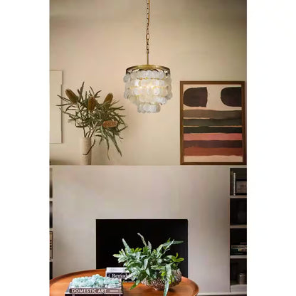 3-Light 13 In. Small Coastal Seashell Chandelier in Paintd Brass Farmhouse Pendant Light for Dining Room