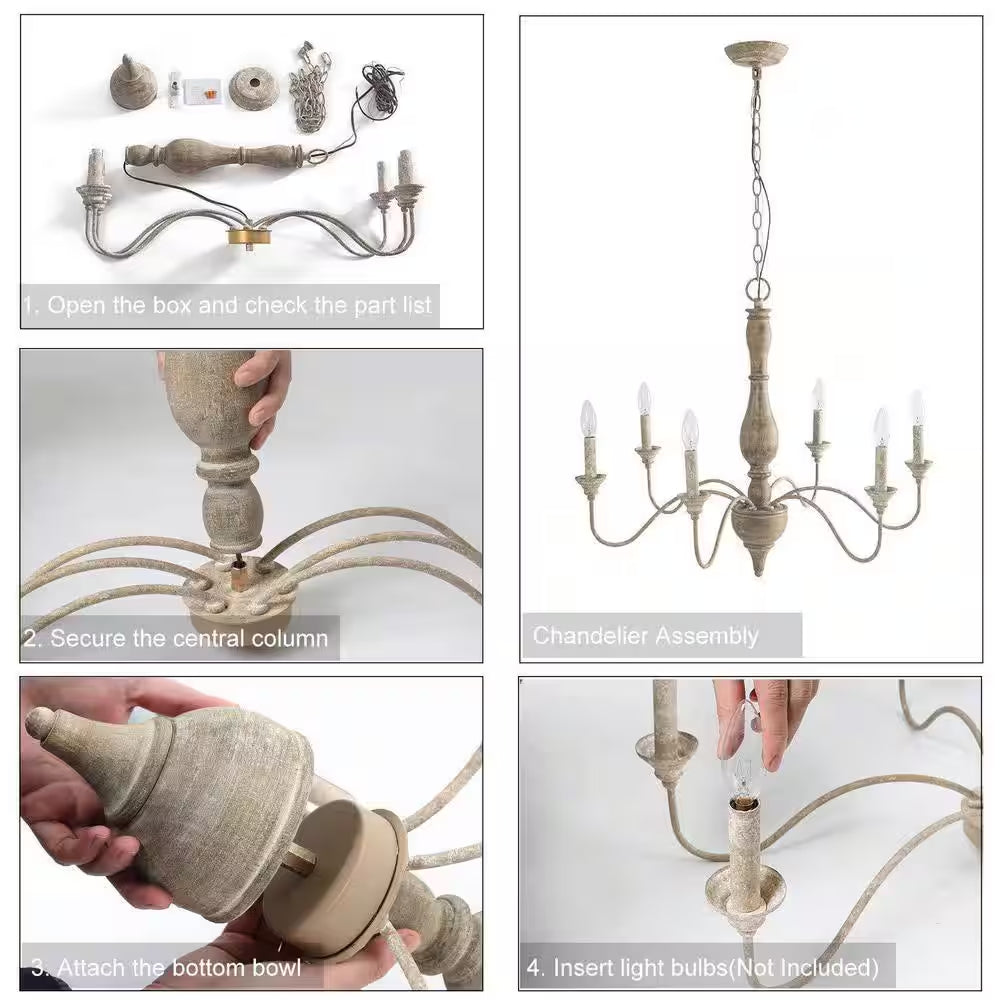 Wood Candlestick Chandelier 6-Light Distressed White Island Farmhouse Chandelier Rustic Pendant for Foyer with Open Arms