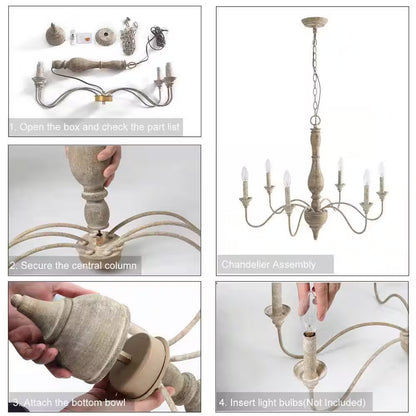 Wood Candlestick Chandelier 6-Light Distressed White Island Farmhouse Chandelier Rustic Pendant for Foyer with Open Arms