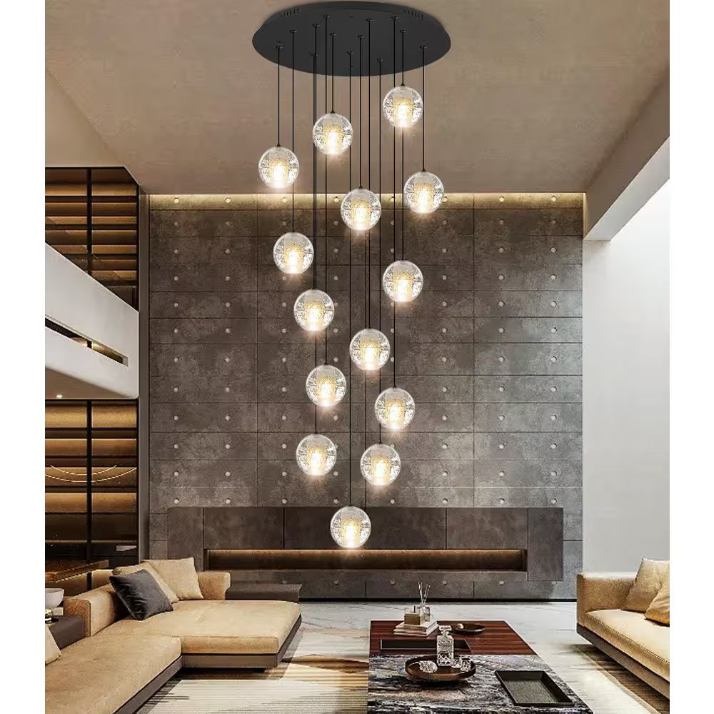 120 In. H 14-Light Black Staircase Chandelier Modern Pendant Light W/Glass Shade for High Ceiling Living Room Entryfoyer