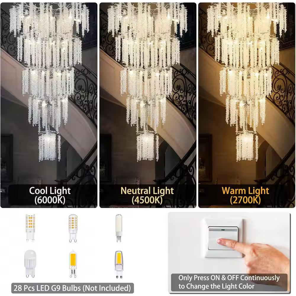 118 In. H, 28-Lights Silver Luxury Crystal Chandelier, Tree Branches Chandelier for Entryway High Ceiling Chandelier