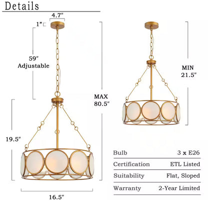 3-Light Antique Gold Modern Pendant Light, Frosted Glass round Chandelier, Transitional Dining Room Drum Chandelier