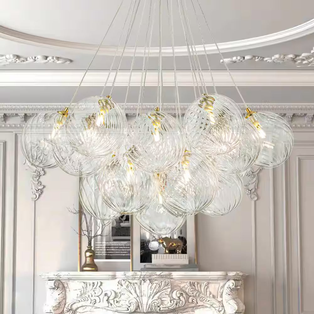 Bolton 19-Light Brass Modern Bubble Cluster, Sputnik Globe Bubble Chandelier with Swirled Glass Shades for Living Room