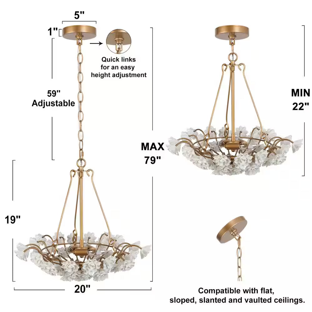 Modern Brass Gold Island Chandelier Light 3-Light round Chandelier Light with Ceramic Flowers