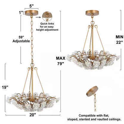 Modern Brass Gold Island Chandelier Light 3-Light round Chandelier Light with Ceramic Flowers
