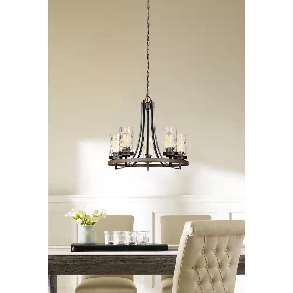 Gaston 5-Light Weathered Gray Rustic Farmhouse Wagon Wheel Chandelier with Distressed Oak Accents and Water Glass Shades