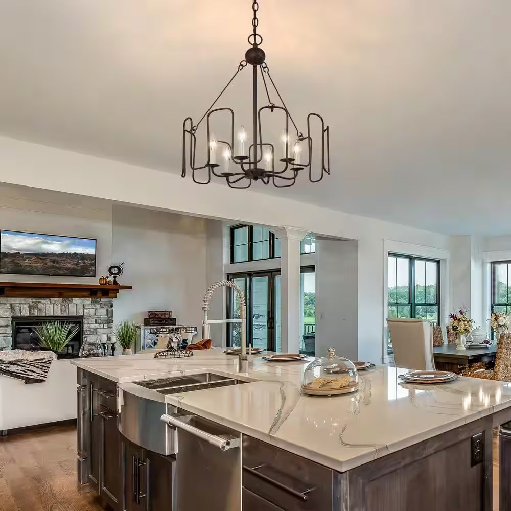 Rustic Brown Drum Dining Room Chandelier, 6-Light Cottage Wagon Wheel Living Room Kitchen Island Chandelier