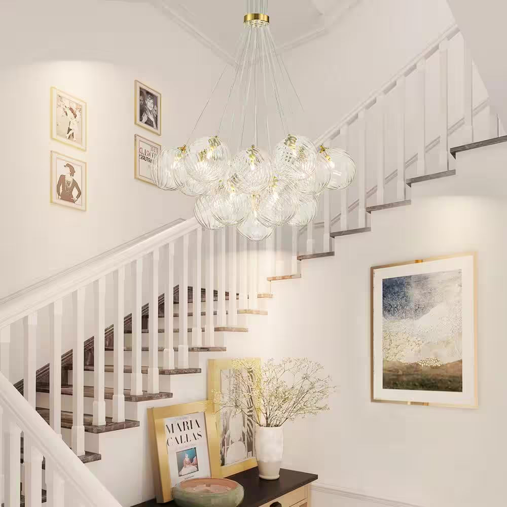 Bolton 19-Light Brass Modern Bubble Cluster, Sputnik Globe Bubble Chandelier with Swirled Glass Shades for Living Room