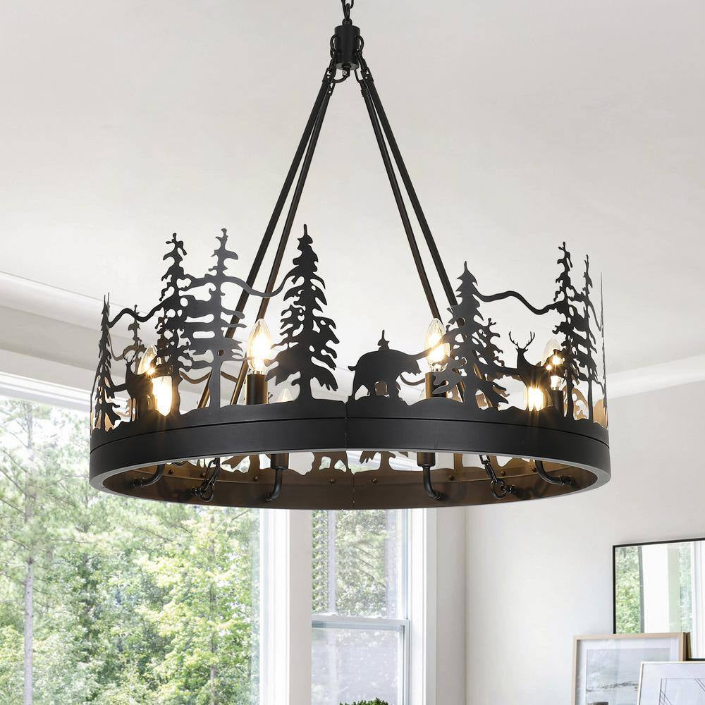 8-Light Black Ambient Rustic Chandelier Wagon Wheel Farmhouse Chandelier for Dining Living Room Foyer