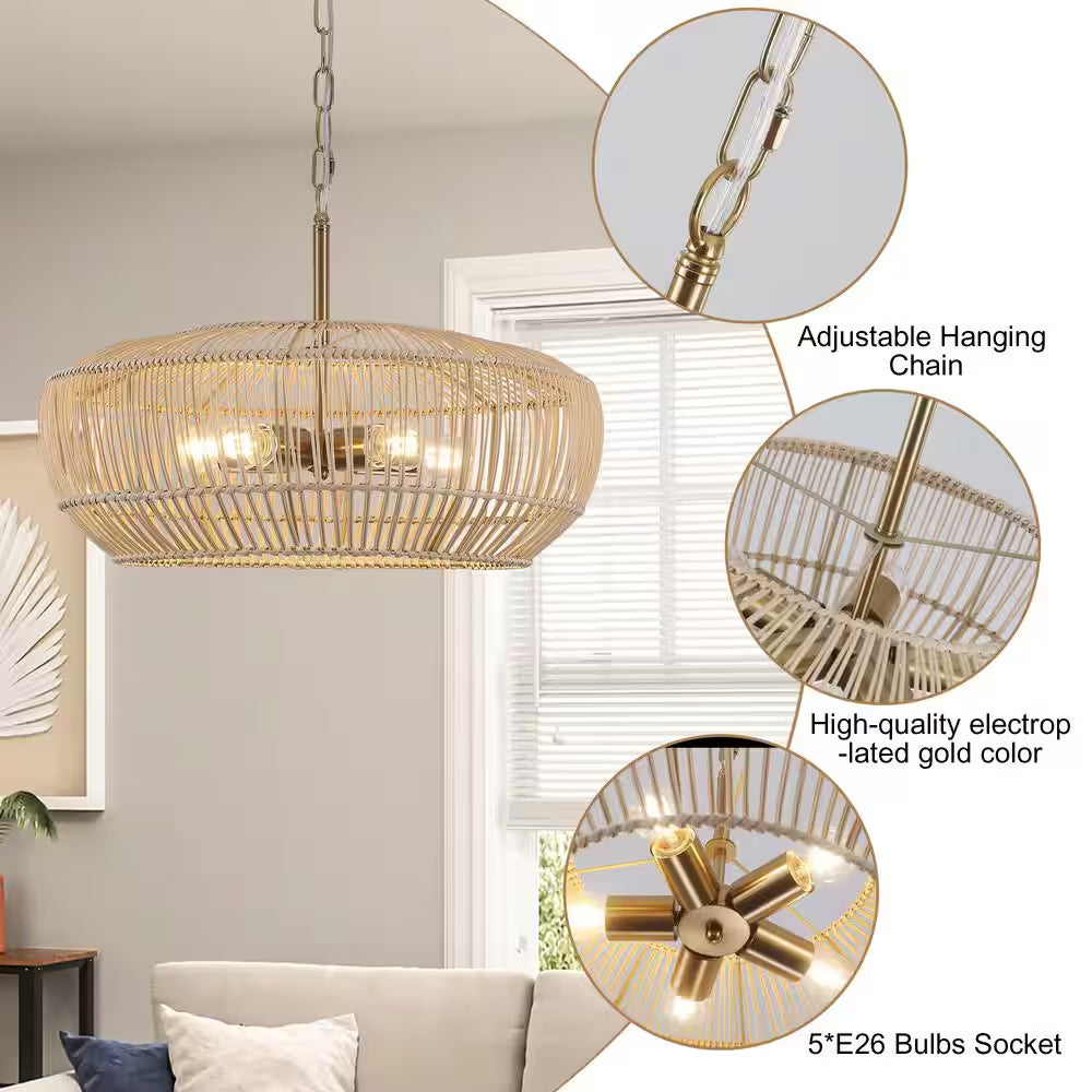 5-Light Gold Modern Bohemian Rattan Chandelier Light with Woven Shade