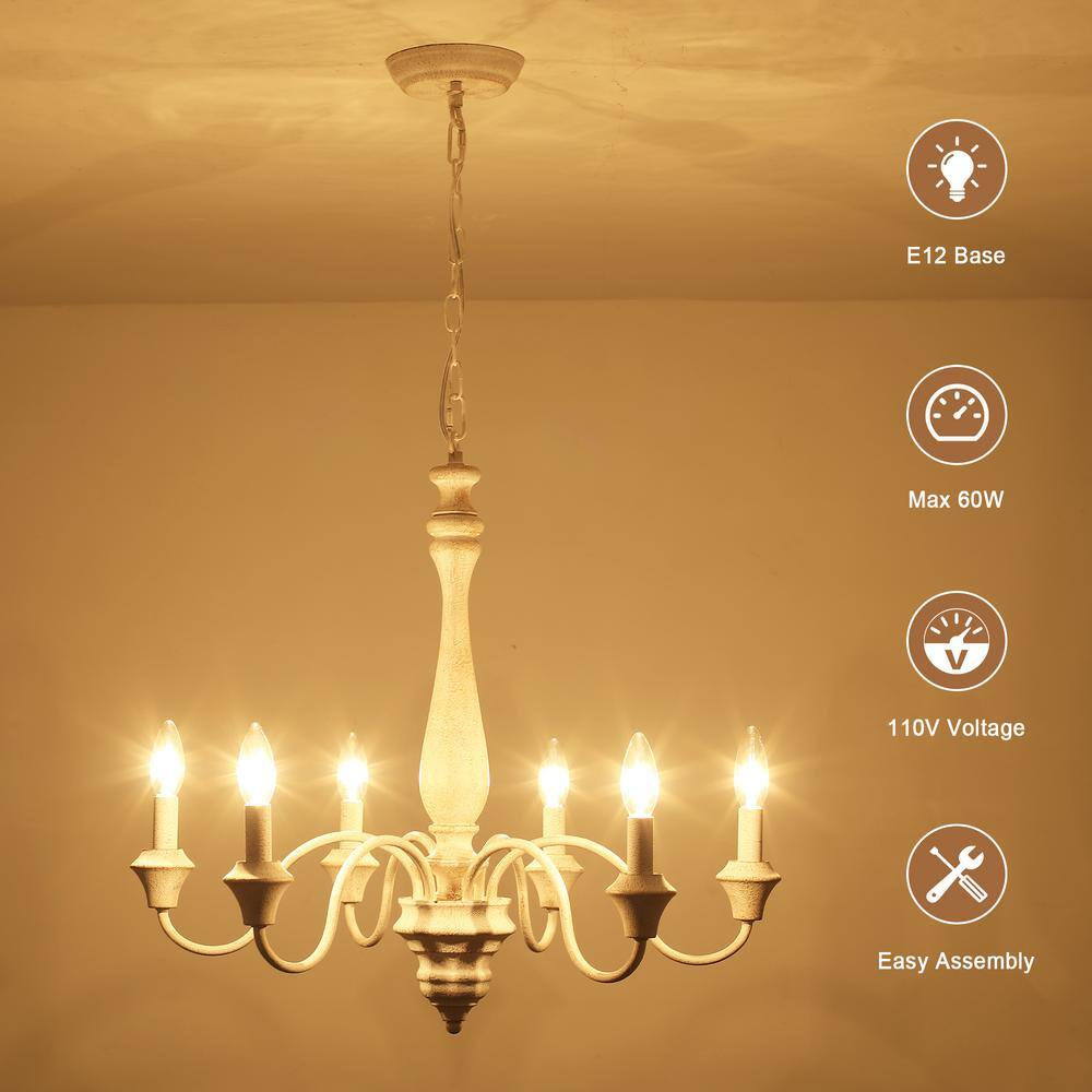 6-Light Distressed White Classic Chandelier for Dining Room Candle Light Fixture