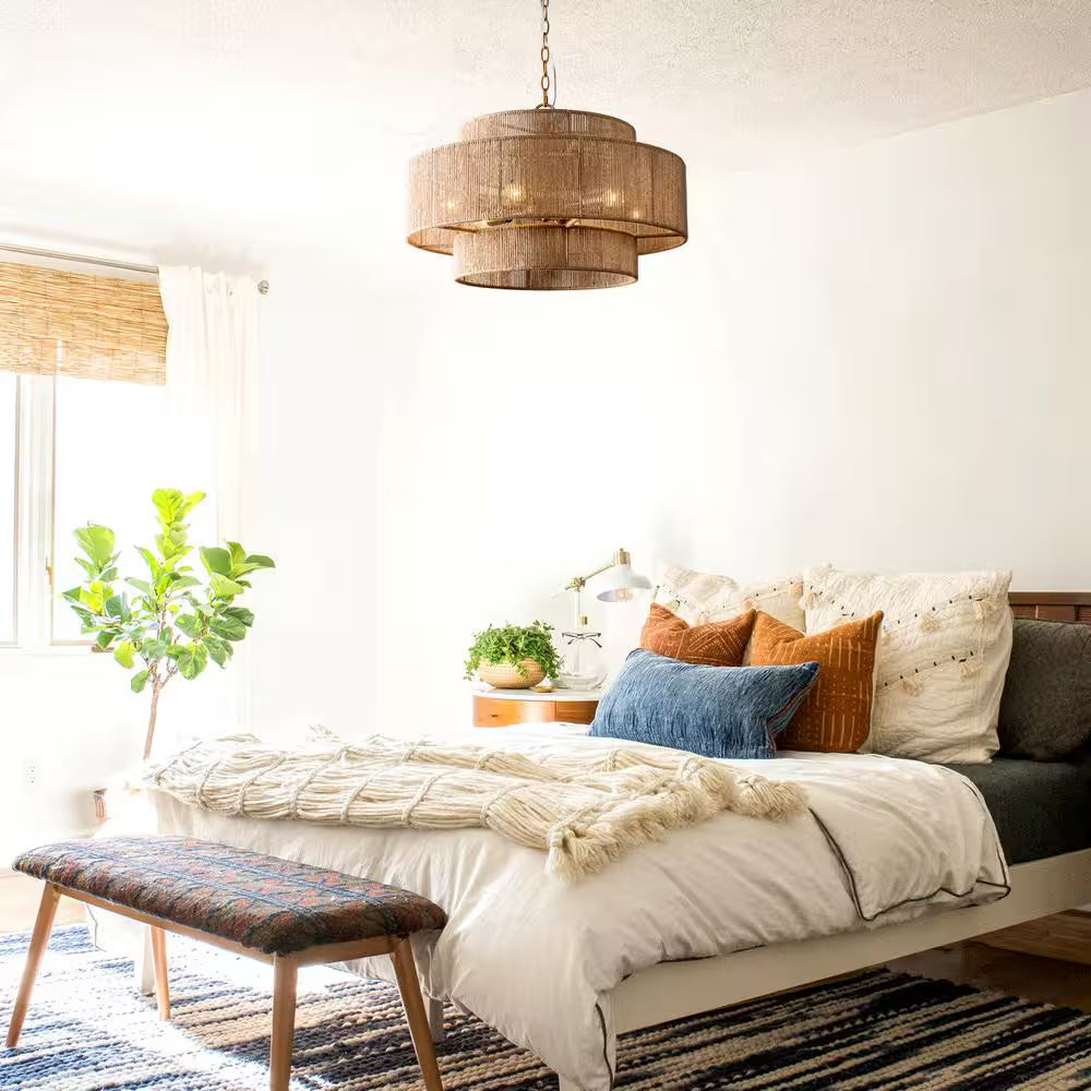 Farmhouse 6-Light Gold 2-Tiered Chandelier with Woven Rope Shade for Living Room Bedroom Dining Room