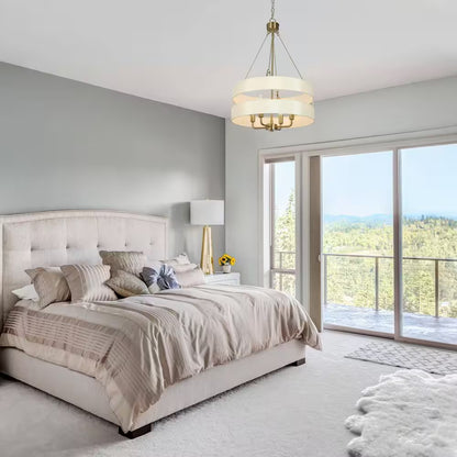 Transitional Brass Dining Room Drum Chandelier with Fabric Shade, 4-Light Craftsman Kitchen Island Bedroom Chandelier