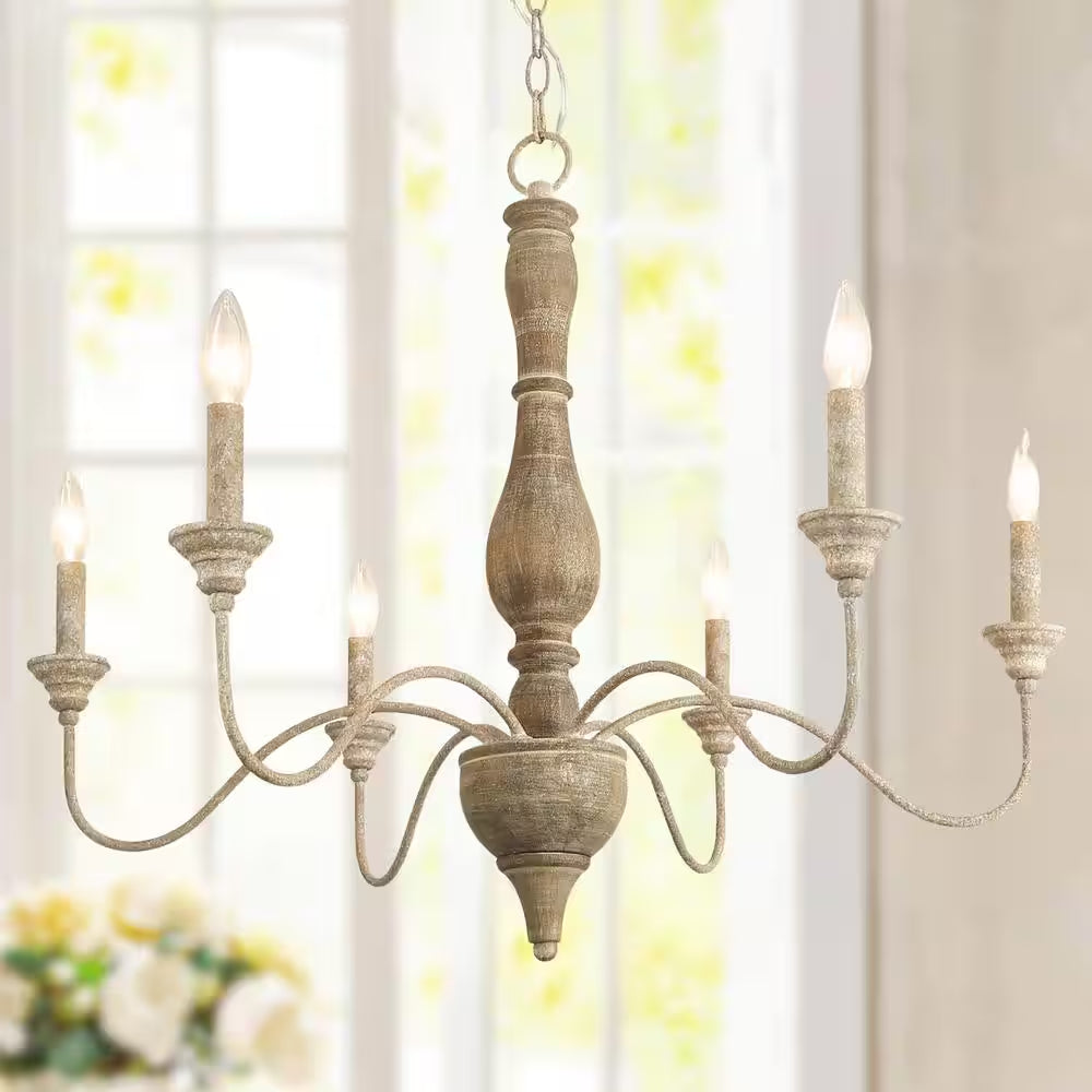6-Light Rustic Farmhouse Wood Chandelier 29.5 In. W with Antique White French Country Accents and Classic Candle Style