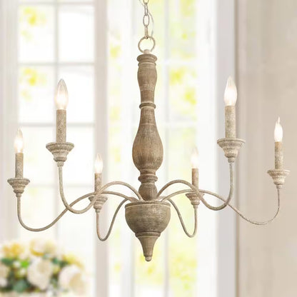 6-Light Rustic Farmhouse Wood Chandelier 29.5 In. W with Antique White French Country Accents and Classic Candle Style