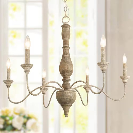 6-Light Rustic Farmhouse Wood Chandelier 29.5 In. W with Antique White French Country Accents and Classic Candle Style