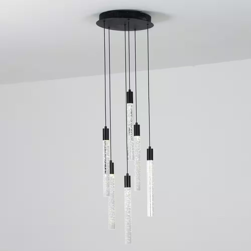 6-Light Dimmable Integrated LED Black Crystal Chandelier for Stairs Dining Room Hallway