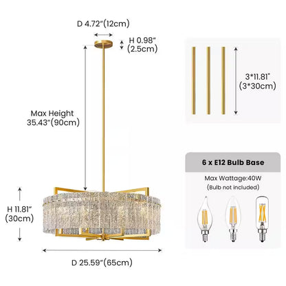 6-Light Gold 25.6In Modern Glass Shade Chandelier for Dining Room