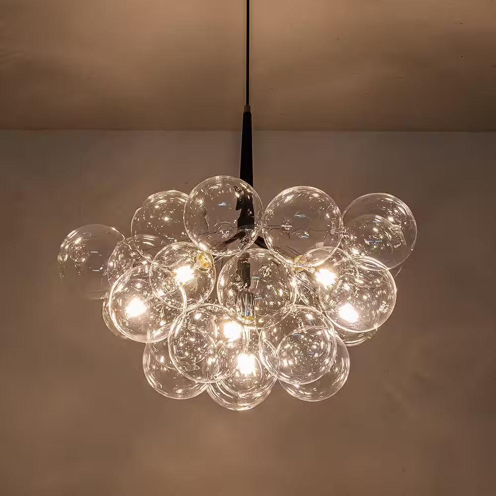 Alma 6-Light 24.8 In.W Silver and Black Cluster Bubble Chandelier with Clear Glass and Leather, LED Bulbs Included