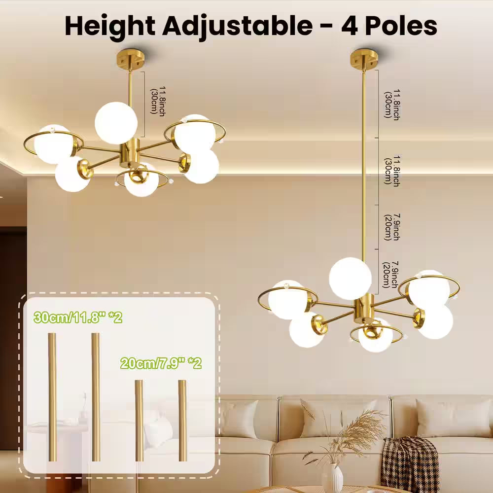 Modern 6-Light Gold Sputnik Chandeliers with Milk White Glass Shade and Height Adjustable, Bulbs Not Included
