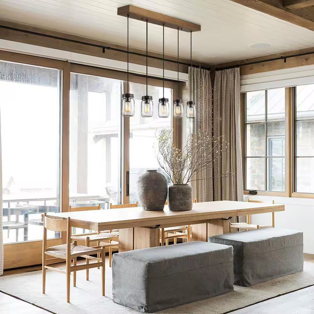 Modern Farmhouse 33 In. Wood DIY Linear Cluster Chandelier 5-Light Dark Brown Island Pendant with Rustic Mason Jar Shade