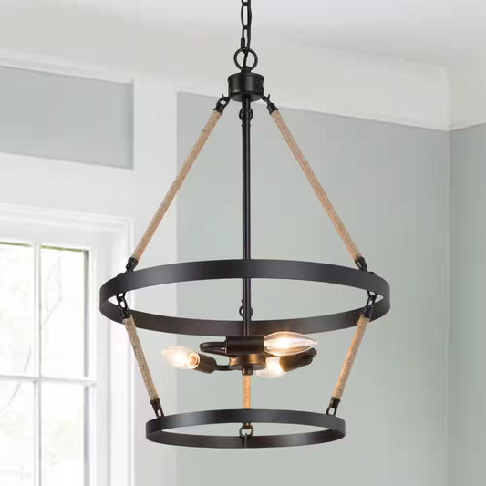 Black Chandelier Drum Candlestick 3-Light Industrial Farmhouse Island Cage Hanging Pendant Light with Ropes