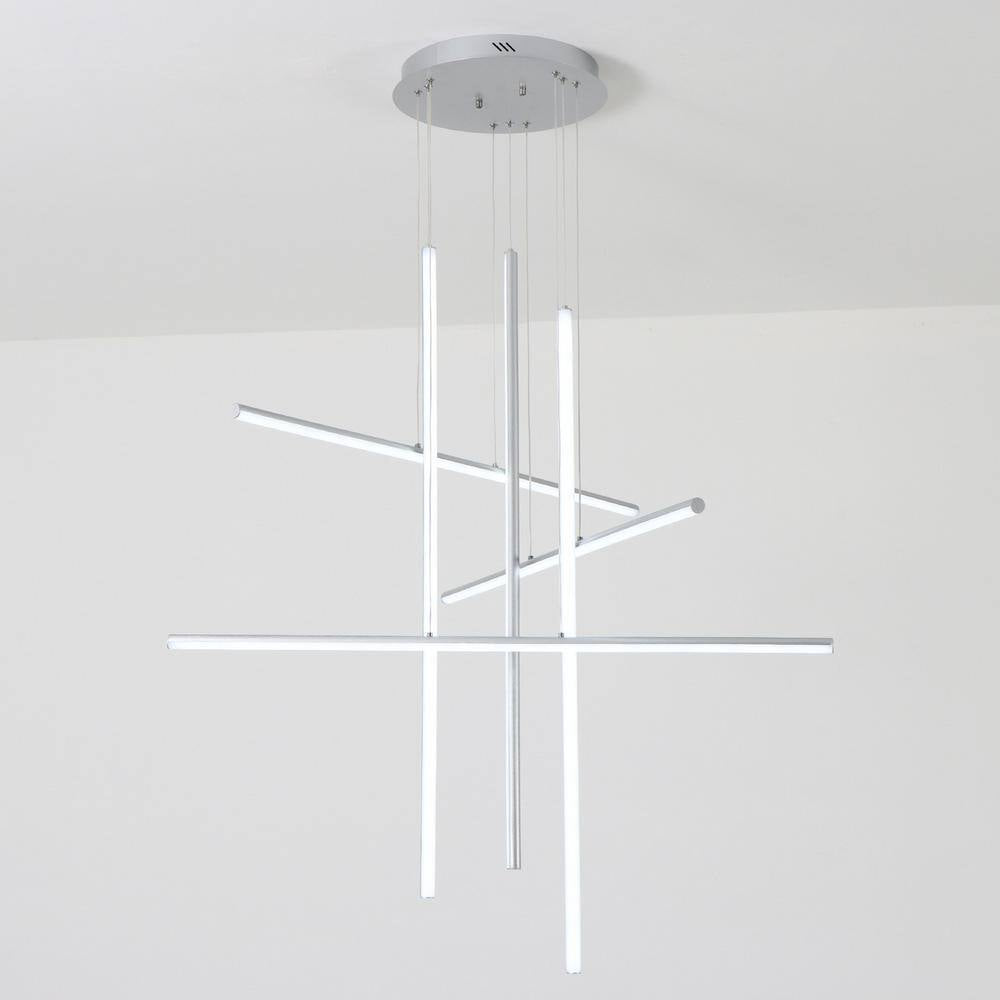 6-Lights Dimmable Integrated LED Silver Linear Chandelier for Staircase Apartment Foyer, 39.4 In.