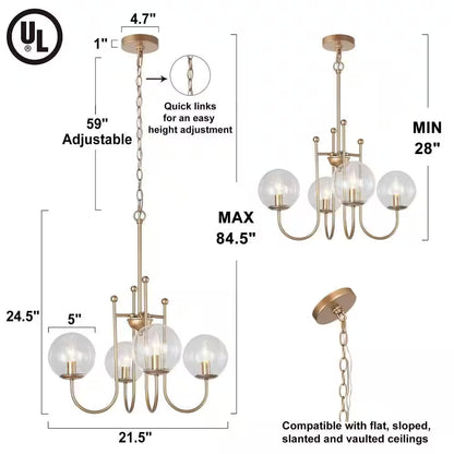 Modern Gold Sputnik Kitchen Island Chandelier Transitional 4-Light Brass Globe Kitchen Light with Clear Glass Shade