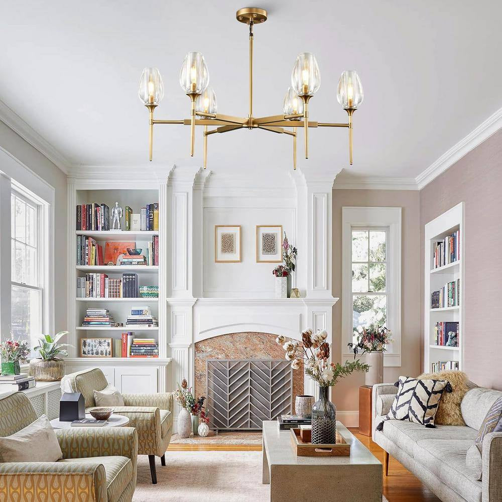 Modern Tulip Chandelier 42 In. 6-Light Gold Tulip round Chandelier for Dining Room, Living Room, Foyer, Hallway