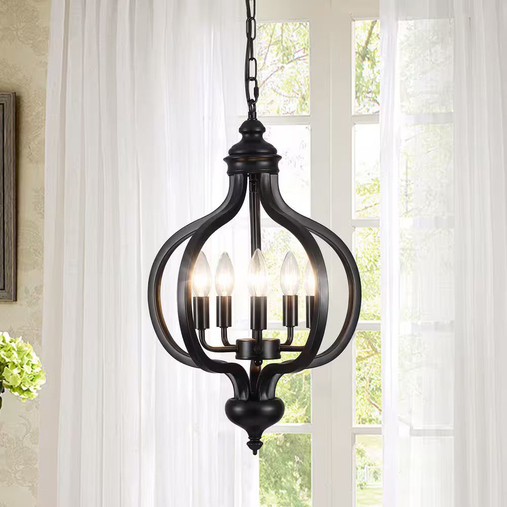 5-Light Black French Country Iron Chandelier for Kitchen Island with No Bulbs Included
