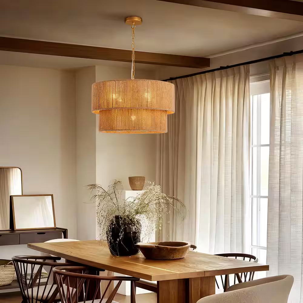 5-Light Yellow Bohemian 2-Tier Hand-Woven Rattan Drum Chandelier