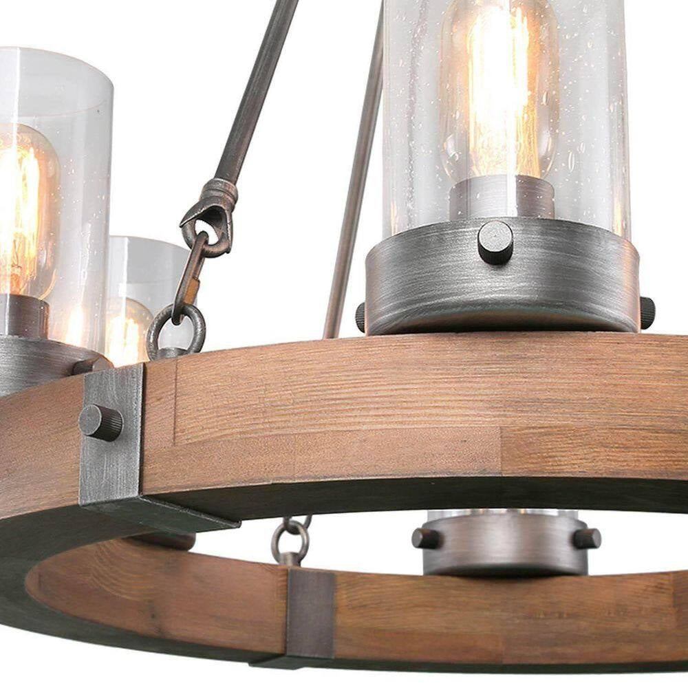 Bronze Farmhouse Chandelier Wood Wagon Wheel 6-Light Rustic Chandelier for Foyer with Seedy Glass and Aged Silver Metal