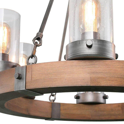 Bronze Farmhouse Chandelier Wood Wagon Wheel 6-Light Rustic Chandelier for Foyer with Seedy Glass and Aged Silver Metal