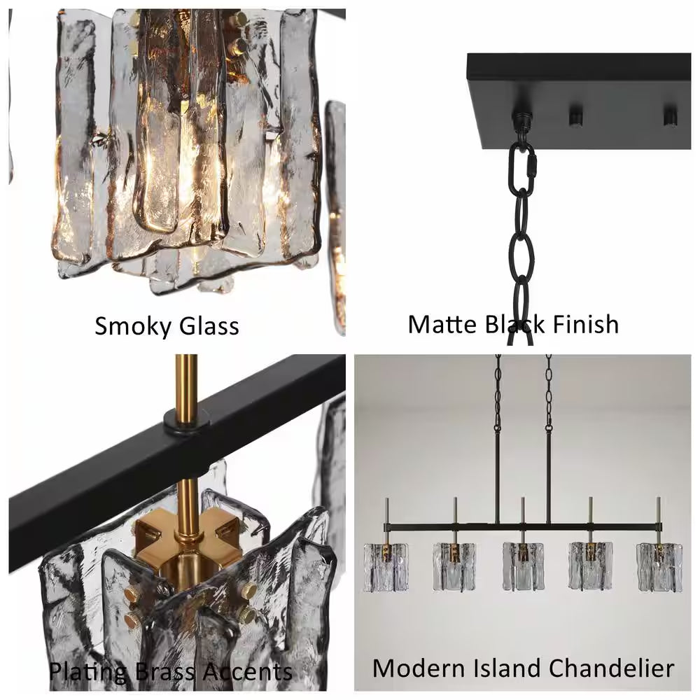 Echonalyri Modern 5-Light Glam 35.4 In. W Black and Brass Island Chandelier with Geometric Gray Textured Glass Shades