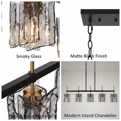 Echonalyri Modern 5-Light Glam 35.4 In. W Black and Brass Island Chandelier with Geometric Gray Textured Glass Shades