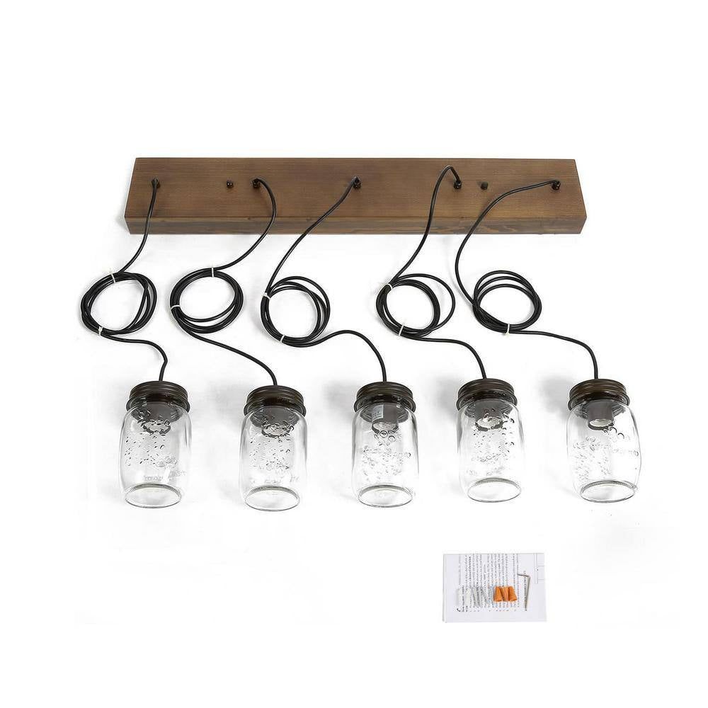 Modern Farmhouse 33 In. Wood DIY Linear Cluster Chandelier 5-Light Dark Brown Island Pendant with Rustic Mason Jar Shade