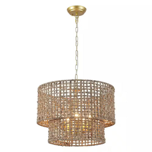 5-Light Gold Bohemian Chandelier 2-Tier Rattan Drum Pendant Light for Living Room