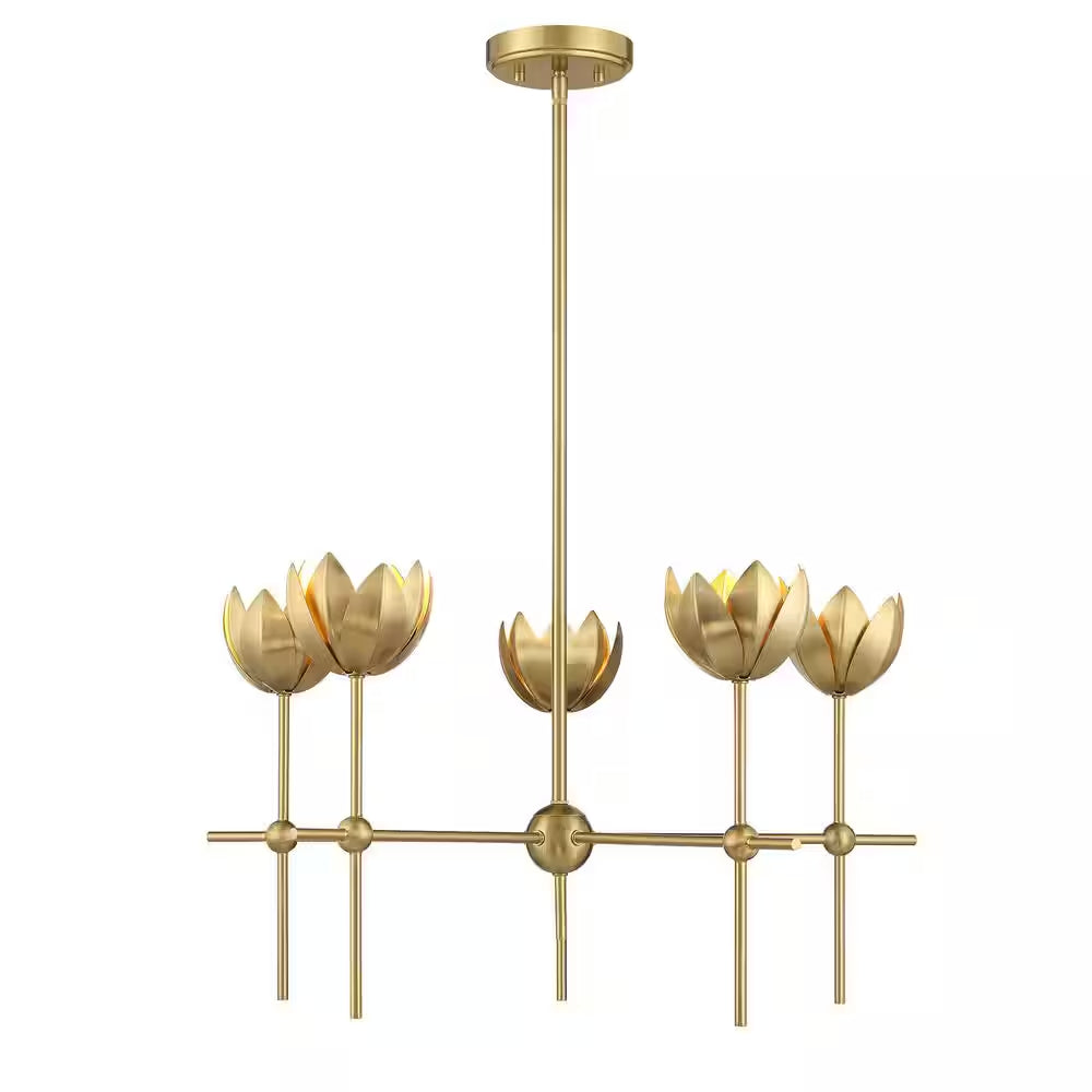 Meridian 26 In. W X 14 In. H 5-Light Natural Brass Bohemian Chandelier with Metal Shades
