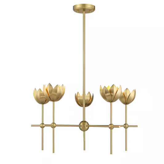Meridian 26 In. W X 14 In. H 5-Light Natural Brass Bohemian Chandelier with Metal Shades