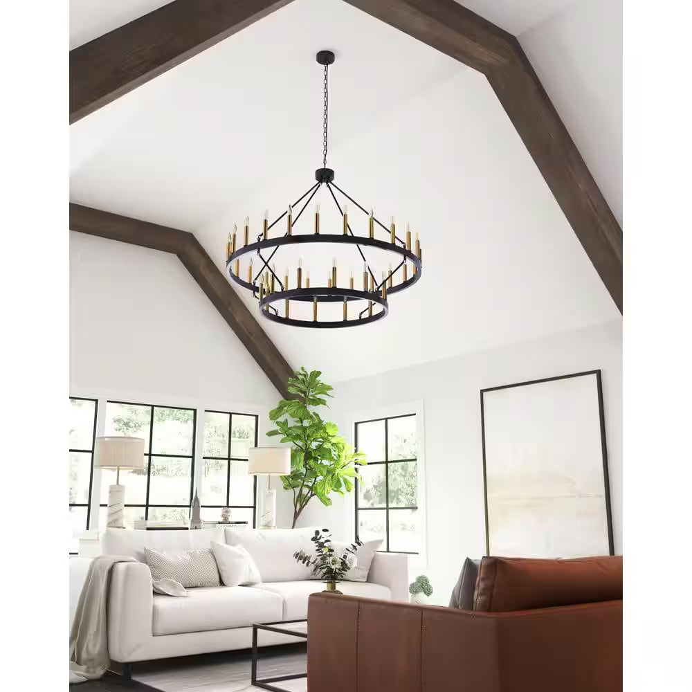 47.24 In. 36-Light round Black Wagon Wheel Chandelier Large Farmhouse 2-Tier Chandeliers