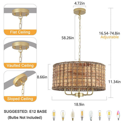5-Light Gold Drum Bohemian Chandelier with Hand Woven Shade