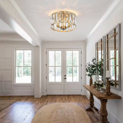 12 In. 3-Light round Modern Gold Drum Flush Mount Ceiling Light with Clear Crystal Shade