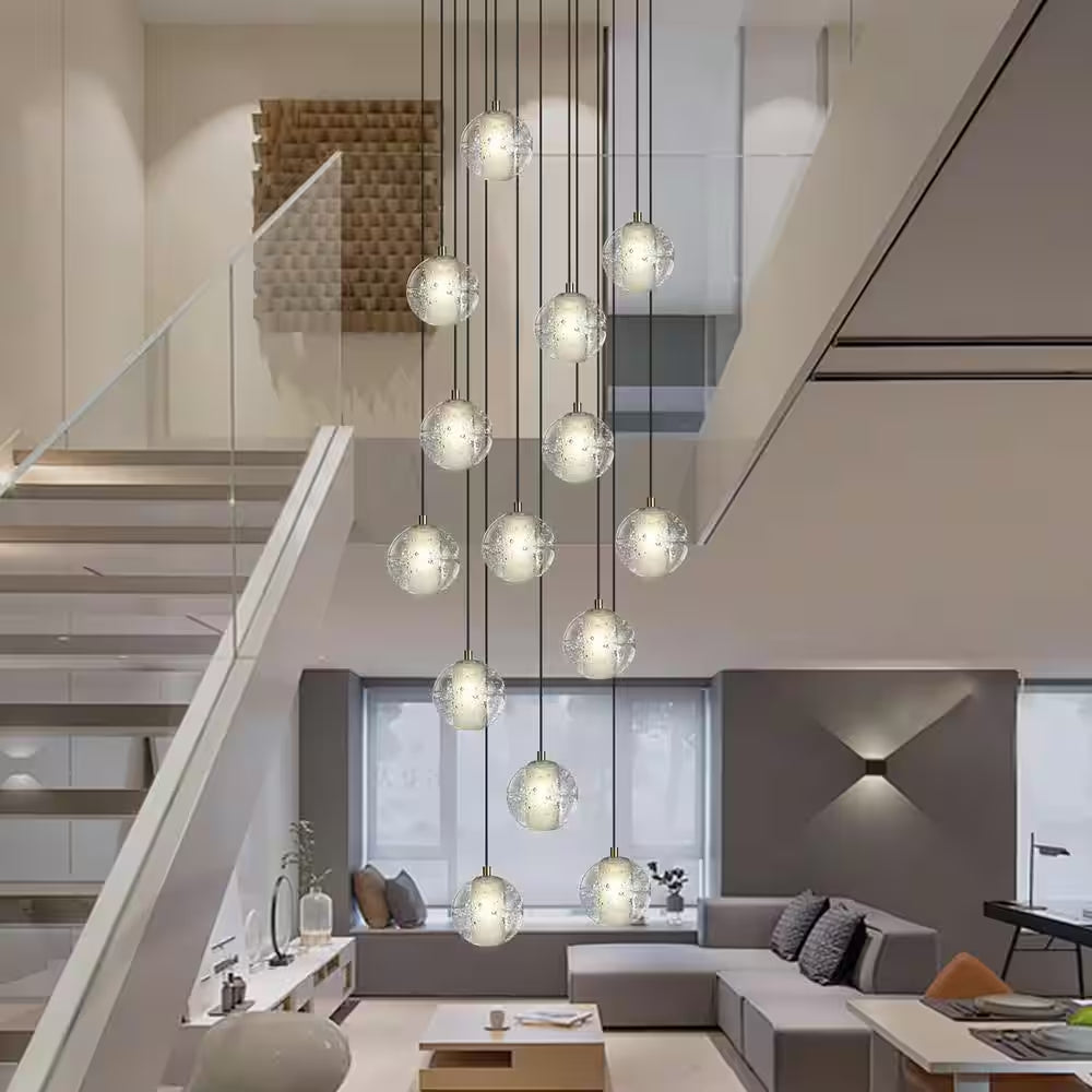 120 In. H 14-Light Black Staircase Chandelier Modern Pendant Light W/Glass Shade for High Ceiling Living Room Entryfoyer