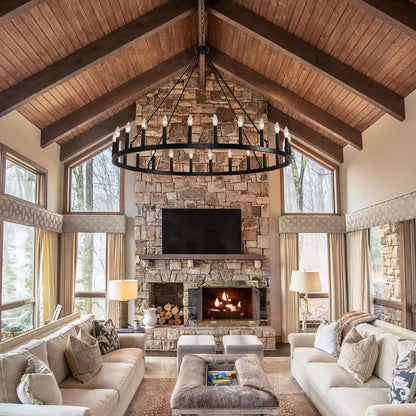 Black Wagon Wheel Chandelier 24-Lights, Large Farmhouse round Outdoor Chandelier